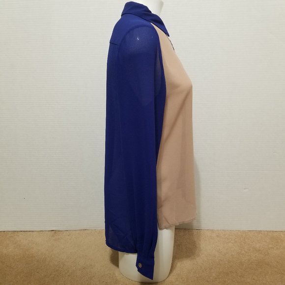 Honey Punch top Medium colorblock button up down sheer side split HT2592 - Picture 4 of 12